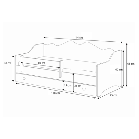 Łóżko dziecięce EMMA 140x70 barierka szuflada uchwyty serduszka - Biały / Różowy