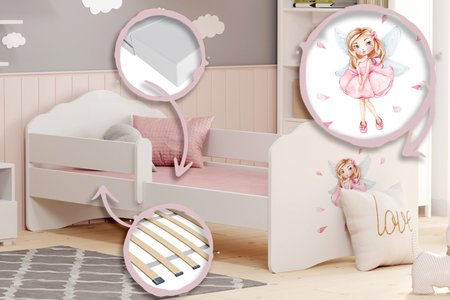 Łóżko dziecięce FALA 160x80 barierka grafika - Dziewczynka ze skrzydełkami