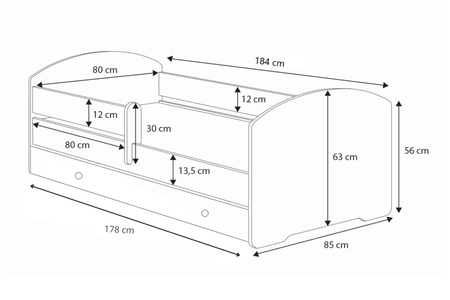 Łóżko dziecięce LUK 180x80 barierka szuflada materac - Biały