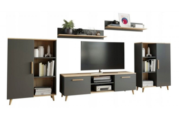 Zestaw mebli do salonu OSKAR II szafka RTV, komody, półki, styl skandynawski, nogi drewniane - Antracyt / Dąb Artisan