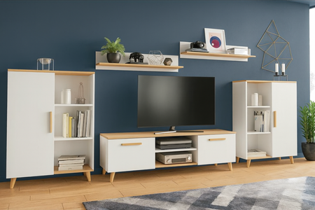 Zestaw mebli do salonu OSKAR II szafka RTV, komody, półki, styl skandynawski, nogi drewniane - Biały / Dąb Artisan