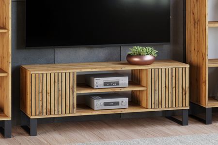 Szafka RTV FOCUS 135 cm loft, nogi metalowe, nadruk lamele - Dąb Craft