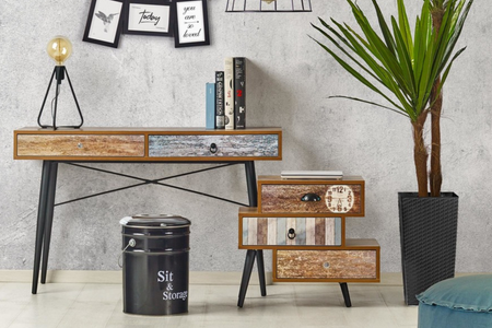 Biurko NEXT z szufladami skandynawski, boho, loft, nogi metalowe - Dąb Wotan / Wielobarwny