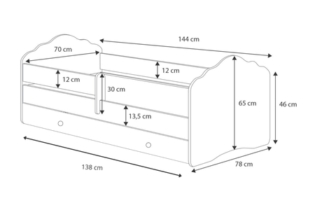 Łóżko pojedyncze FALA 140x70 z barierką i szufladą - Bunny
