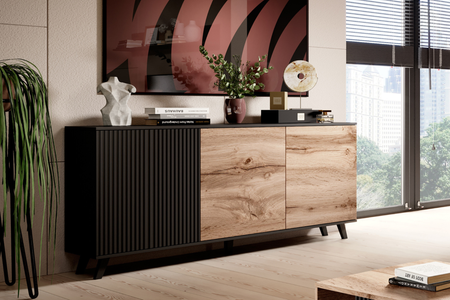 Komoda MODERN trzydrzwiowa, ryflowany front, loft - Dąb Wotan / Czarny