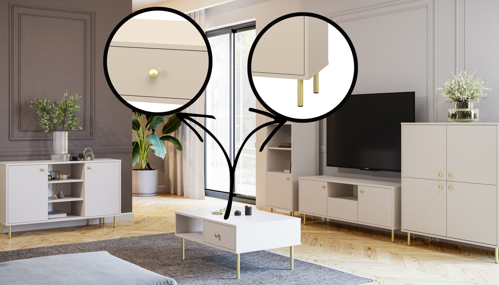 Wysoka komoda czterodrzwiowa Venus kaszmir złote metalowe nóżki