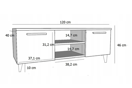 Szafka RTV BERGA 120 cm skandynawska, nogi drewniane - Biały / Dąb Artisan