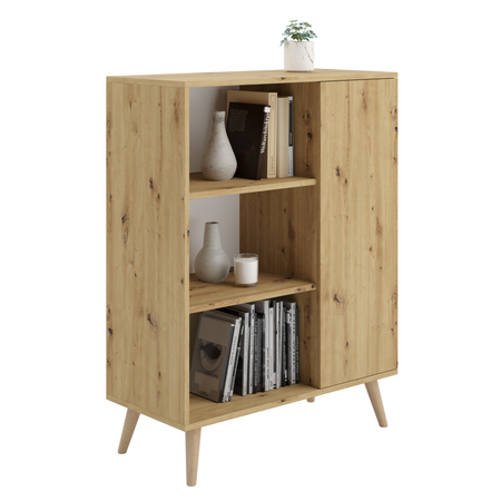 Komoda FONDI szafka z regałem skandynawska, nogi drewniane - Dąb Artisan