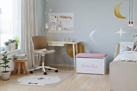 Skrzynia na zabawki DARIA - Biała z nadrukiem, panel różowy