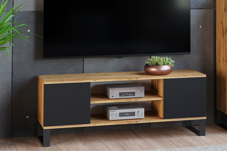 Szafka RTV FOCUS 155 cm loft, nogi metalowe - Dąb Craft / Czarny