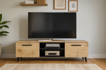 Szafka RTV BERGA 150 cm skandynawska, nogi drewniane - Czarny / Dąb Artisan 