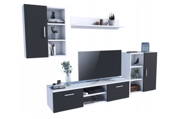 Zestaw mebli do salonu ICARO szafka RTV, szafka stojąca, szafka wisząca, półka - Biały / Czarny