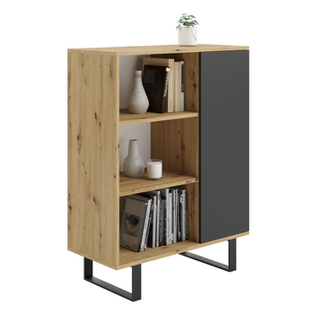 Komoda FONDI szafka z regałem loft, nogi metalowe - Dąb Artisan / Czarny