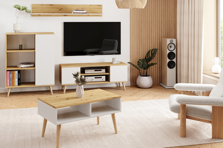 Stolik kawowy SANDI skandynawski nogi drewniane - Biały / Dąb Artisan