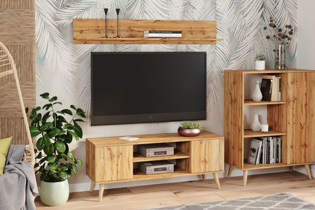 Szafka RTV FOCUS 155 cm skandynawska, nogi drewniane - Dąb Craft