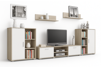 Zestaw mebli do salonu ERCOL szafka RTV, komody, półki - Dąb Sonoma / Biały