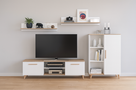 Zestaw mebli do salonu OSKAR komoda, szafka RTV, półki, styl skandynawski, nogi drewniane - Biały / Dąb Artisan