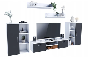 Zestaw mebli do salonu ERCOL szafka RTV, komody, półki - Biały / Czarny