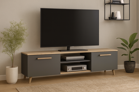 Szafka RTV BERGA 120 cm skandynawska, nogi drewniane - Antracyt / Dąb Artisan