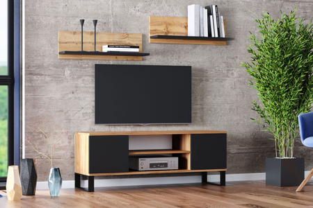 Szafka RTV FOCUS 155 cm loft, nogi metalowe - Dąb Craft / Czarny