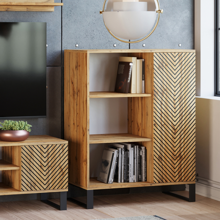 Komoda FONDI szafka z regałem loft, nogi metalowe, nadruk jodełka - Dąb Craft