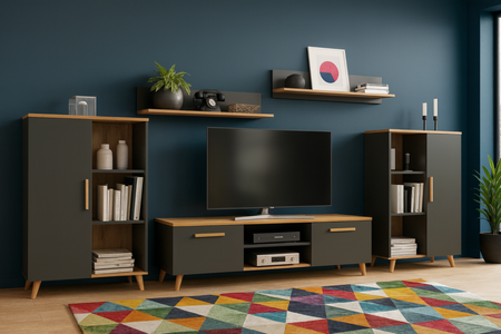 Zestaw mebli do salonu OSKAR II szafka RTV, komody, półki, styl skandynawski, nogi drewniane - Antracyt / Dąb Artisan