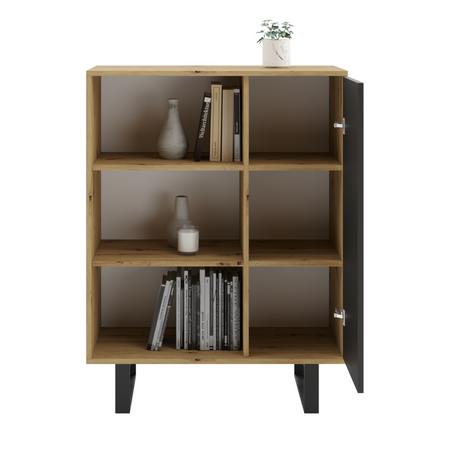 Komoda FONDI szafka z regałem loft, nogi metalowe - Dąb Artisan / Czarny