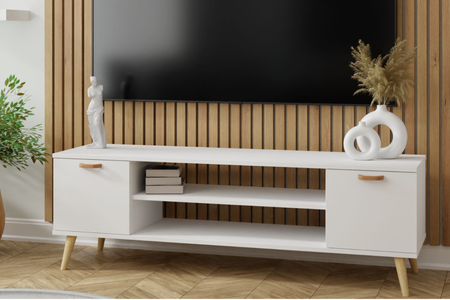 Szafka RTV FOCUS 135 cm skandynawska, nogi drewniane - Biała