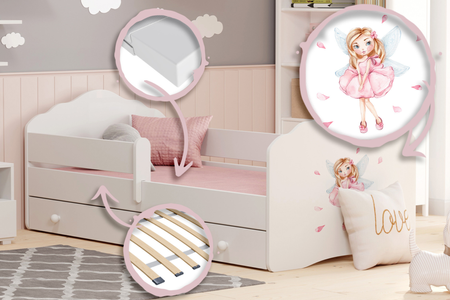 Łóżko dziecięce FALA 160x80 barierka szuflada grafika - Dziewczynka ze skrzydełkami