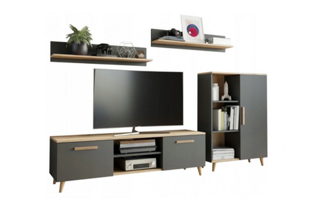 Zestaw mebli do salonu OSKAR komoda, szafka RTV, półki, styl skandynawski, nogi drewniane - Antracyt / Dąb Artisan