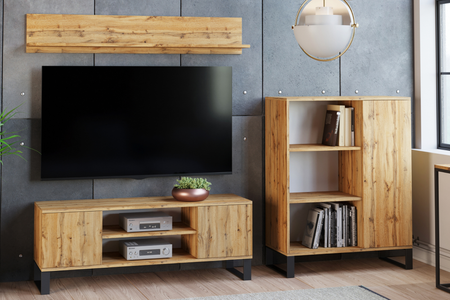 Szafka RTV FOCUS 155 cm loft, nogi metalowe - Dąb Craft