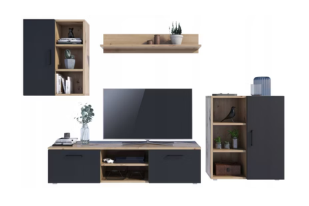 Zestaw mebli do salonu ICARO szafka RTV, szafka stojąca, szafka wisząca, półka - Dąb Artisan / Czarny