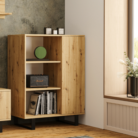 Komoda FONDI szafka z regałem loft, nogi metalowe - Dąb Artisan