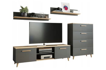 Zestaw mebli do salonu FREYA komoda, szafka RTV, półki, styl skandynawski, nogi drewniane - Antracyt / Dąb Artisan