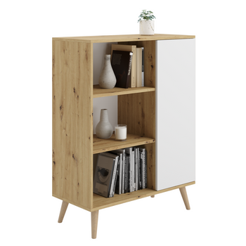 Komoda FONDI szafka z regałem skandynawska, nogi drewniane - Dąb Artisan / Biały