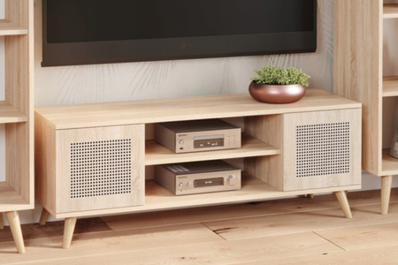 Szafka RTV FOCUS 155 cm skandynawska, nogi drewniane, nadruk rattan - Dąb Sonoma