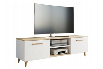 Szafka RTV BERGA 120 cm skandynawska, nogi drewniane - Biały / Dąb Artisan
