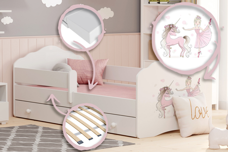 Łóżko dziecięce FALA 140x70 barierka szuflada grafika - Dziewczynka z jednorożcem