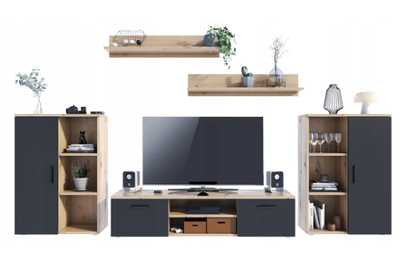 Zestaw mebli do salonu ERCOL szafka RTV, komody, półki - Dąb Artisan / Czarny