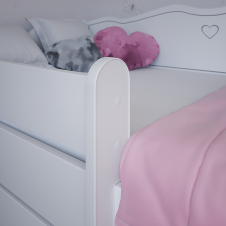 Łóżko dziecięce EMMA 140x70 barierka szuflada uchwyty serduszka - Biały / Szary