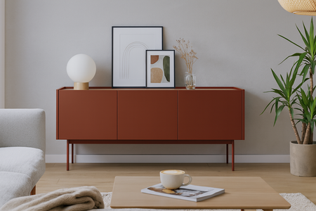 Szafka RTV COLETTE 144 cm - Ceramiczny Czerwony / Dąb Linea