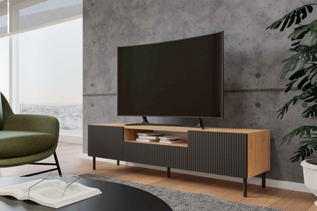 Szafka RTV KAJA 160 cm, nogi metalowe - Dąb Artisan / Czarny