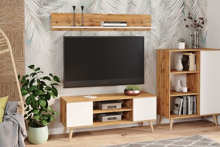 Szafka RTV FOCUS 155 cm skandynawska, nogi drewniane - Dąb Craft / Biały