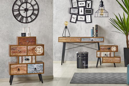 Biurko NEXT z szufladami skandynawski, boho, loft, nogi metalowe - Dąb Wotan / Wielobarwny