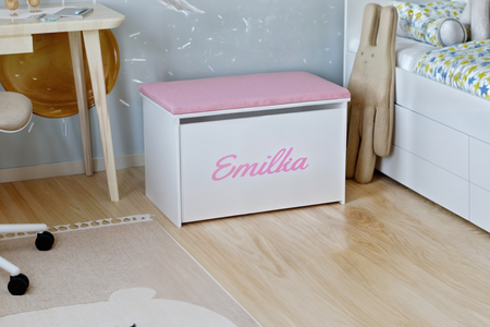 Skrzynia na zabawki DARIA - Biała z nadrukiem, panel różowy