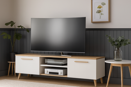 Szafka RTV BERGA 120 cm skandynawska, nogi drewniane - Biały / Dąb Artisan