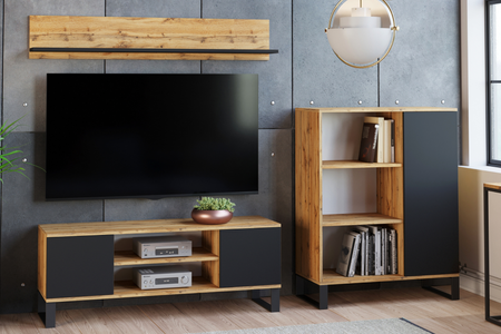 Szafka RTV FOCUS 155 cm loft, nogi metalowe - Dąb Craft / Czarny