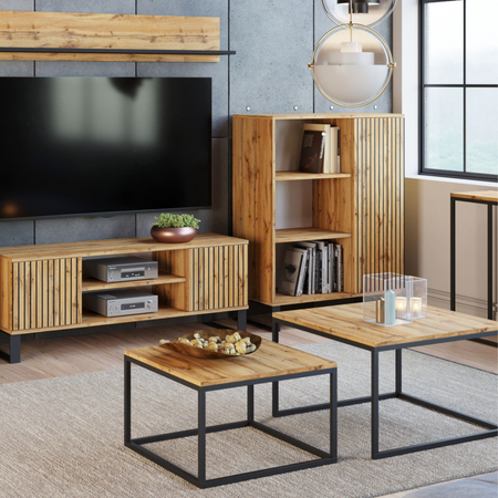 Komoda FONDI szafka z regałem loft, nogi metalowe, nadruk lamele - Dąb Craft
