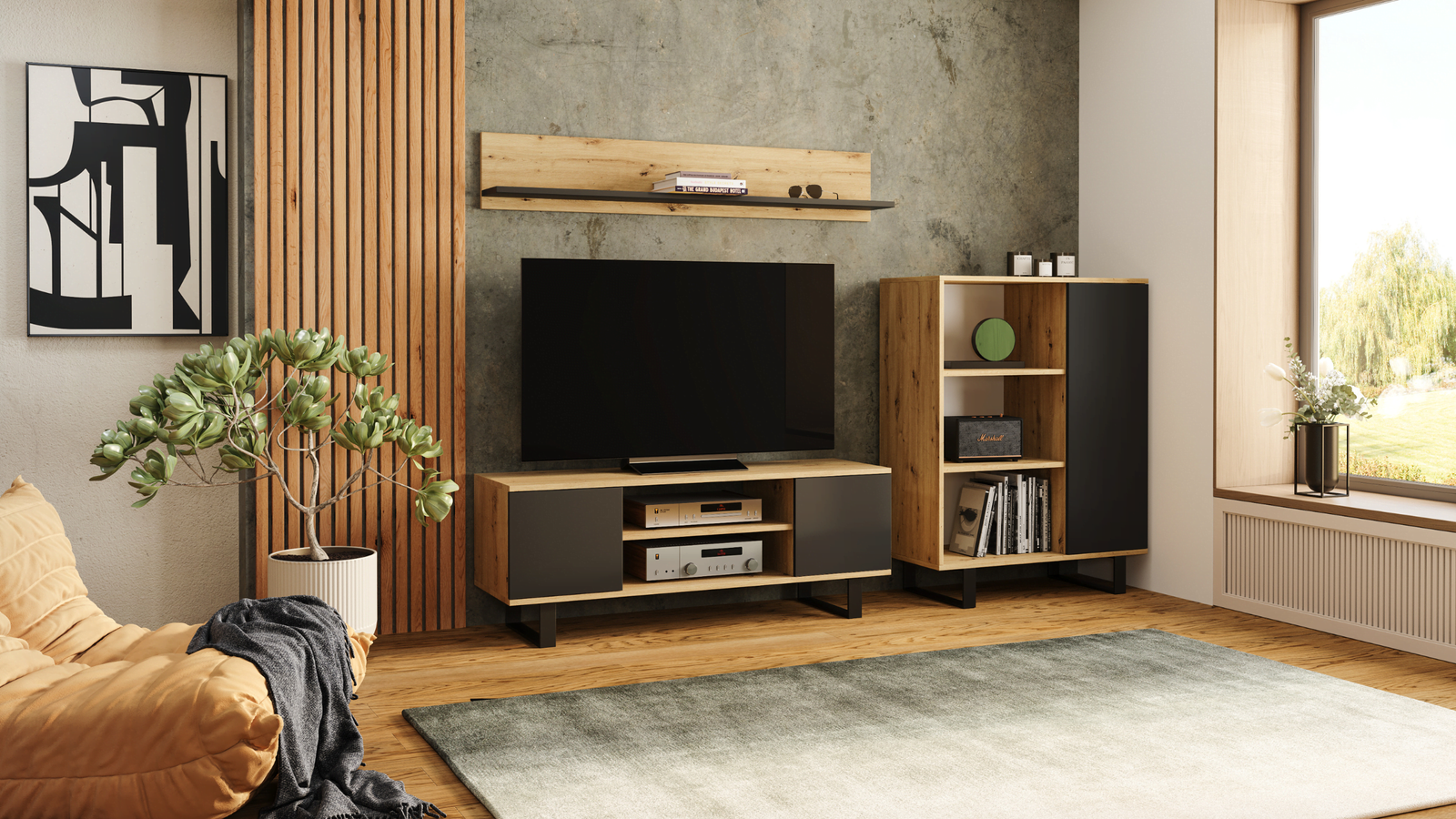 Szafka RTV Focus 135 cm - loft Dąb artisan czarny