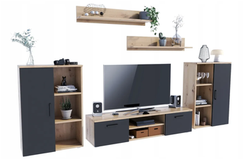 Zestaw mebli do salonu ERCOL szafka RTV, komody, półki - Dąb Artisan / Czarny